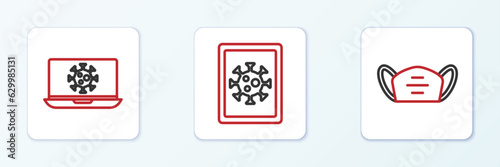 Set line Medical protective mask, Virus statistics on laptop and monitor icon. Vector