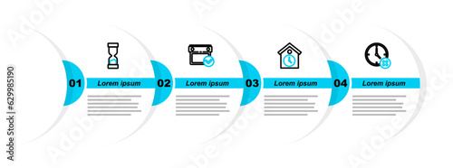 Set line Clock delete, Retro wall watch, Calendar with check mark and Old hourglass icon. Vector