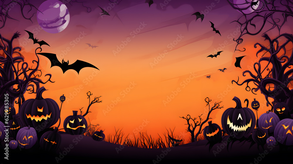 Halloween background, pumpkins, bats, spiders and dark castle, orange and purple and dark background