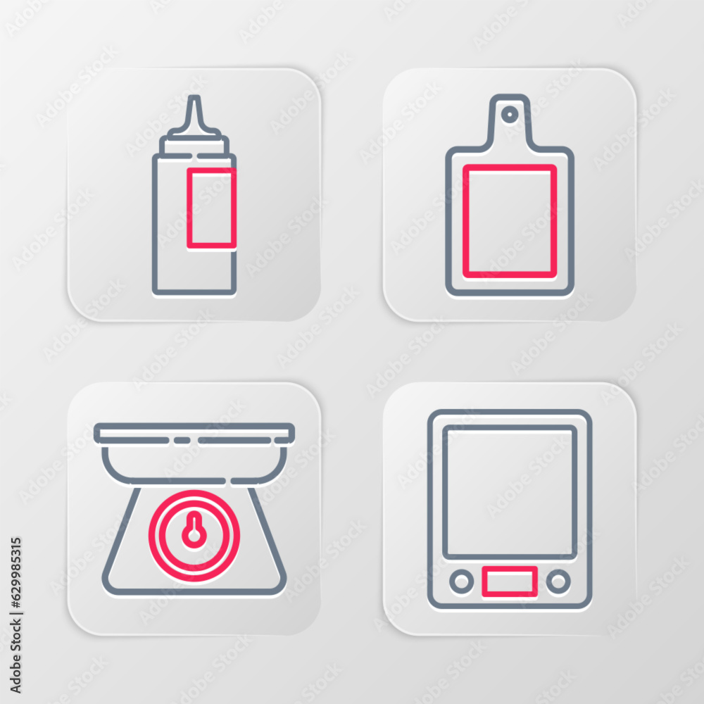 Set line Electronic scales, Scales, Cutting board and Sauce bottle icon. Vector Set line Electronic scales, Scales, Cutting board and Sauce bottle icon. Vector