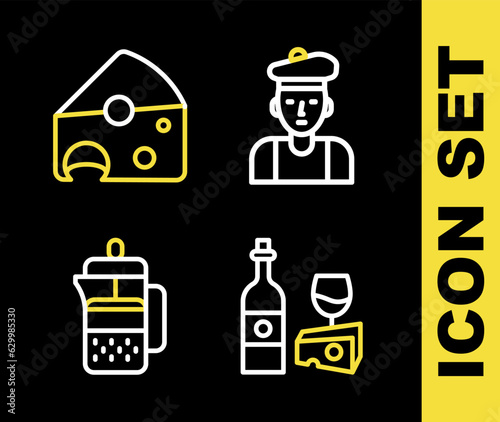 Set line French man, Wine bottle with cheese, press and Cheese icon. Vector