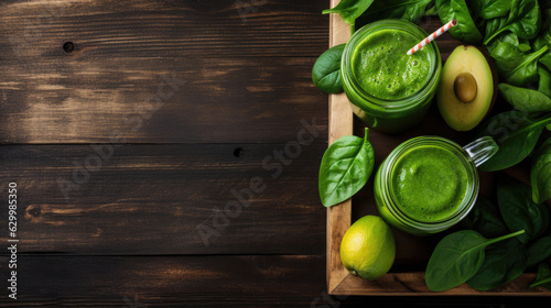 A wooden table with a green vegetables , Background, Generative Ai