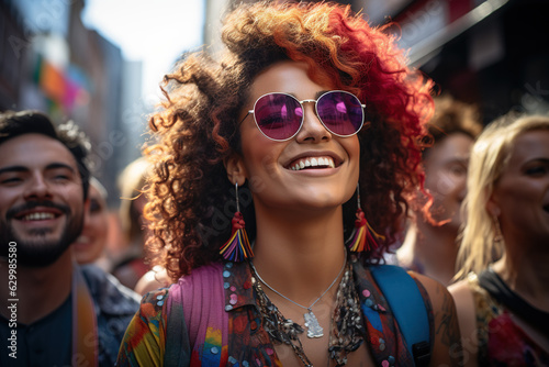 Pride month. Gay Pride Day. Lesbian girl with LGTBI friends at gay pride street party. Concept of diversity and tolerance