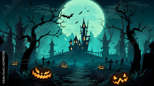Halloween themed green blue background with bats, trees, tombstones and castle.