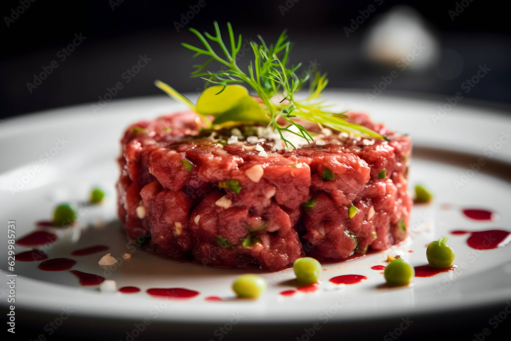 beef tartare with lime and green sauce on a black plate on a black blurred background. snack menu. beef tartare with lime and green sauce on a black plate on a black blurred background. snack menu.