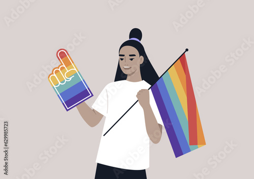 A Pride foam finger colored with rainbow colors, LGBTQ community support