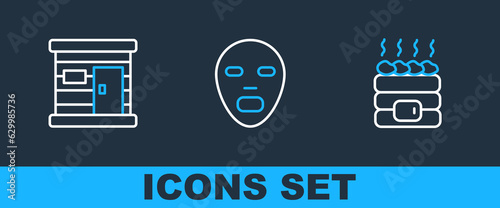 Set line Hot sauna stones, Sauna wooden bathhouse and Facial cosmetic mask icon. Vector