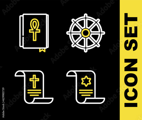 Set line Dharma wheel, Torah scroll, Decree, paper, parchment, and Cross ankh book icon. Vector