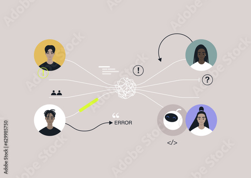 Tangled and chaotic business communication, organisational problems, misunderstanding and disagreement in teamwork