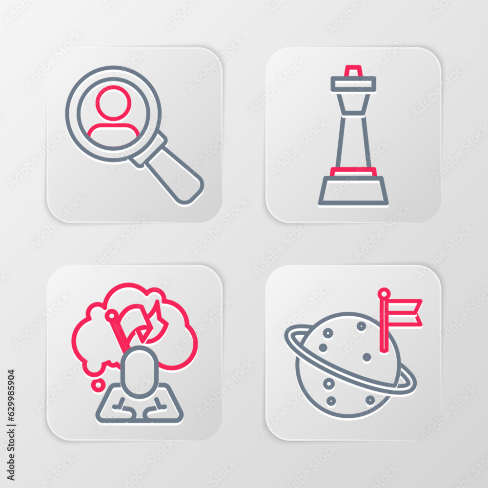Set line Moon with flag, Man holding, Chess and Magnifying glass for search icon. Vector