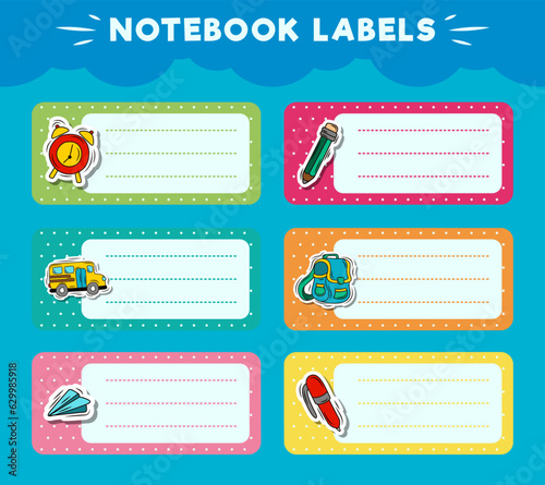 Vector notebook labels. icons of school subjects. colorful vector design