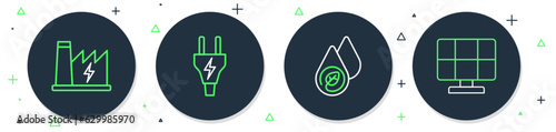 Set line Electric plug, Water energy, Nuclear power plant and Solar panel icon. Vector