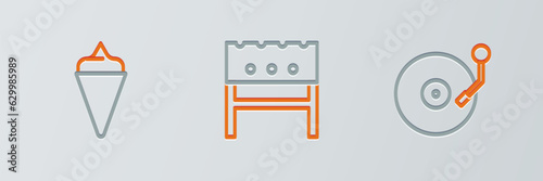 Set line Vinyl player with disk, Ice cream waffle cone and BBQ brazier icon. Vector