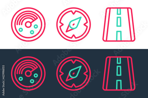 Set line Airport runway, Radar with targets on monitor and Compass icon. Vector