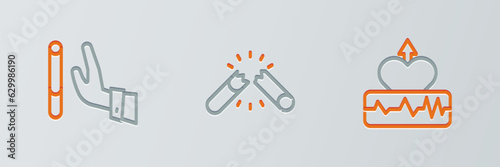 Set line Heartbeat increase, Giving up cigarette and Broken icon. Vector