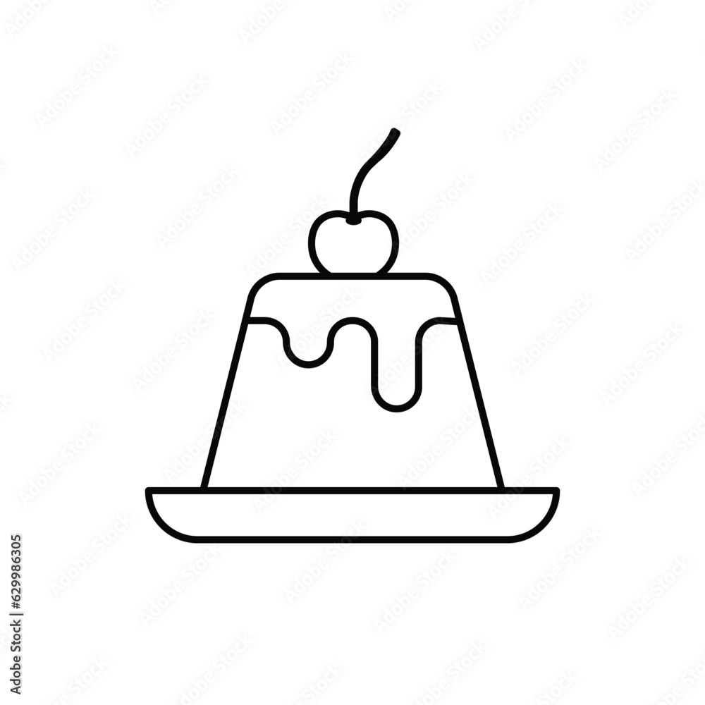 Obraz premium Pudding topped with cherry on plate line icon. Fresh dessert illustration of a piece of caramel pudding topped with cherry. Coloring book for children. 