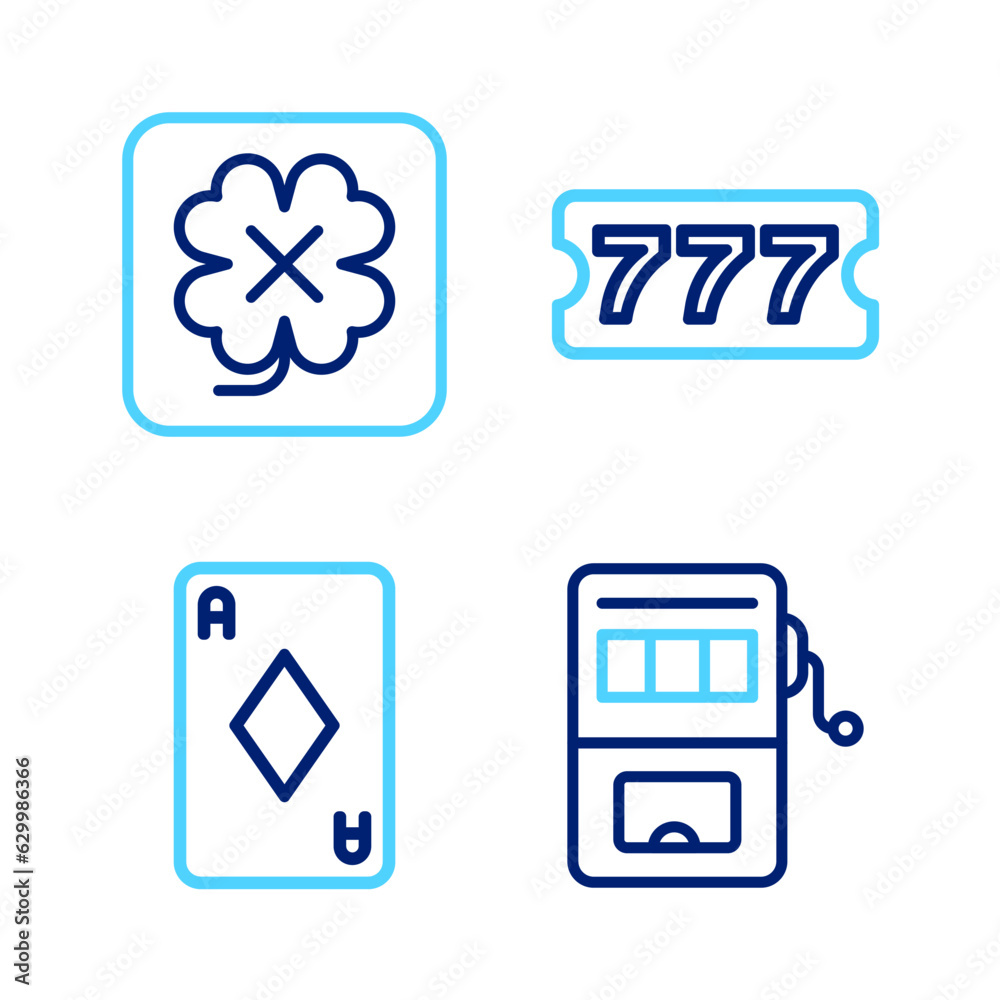 Fototapeta premium Set line Slot machine, Playing card with diamonds, Lottery ticket and Casino slot icon. Vector