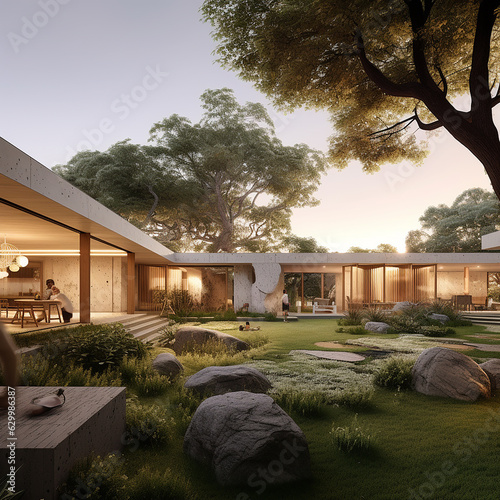 beautifull House on hill, House in garden, 3d rendering of modern cozy house on the hill with garage andbeautiful landscaping on background, Clear sunny summer day with blue sky, generative ai photo