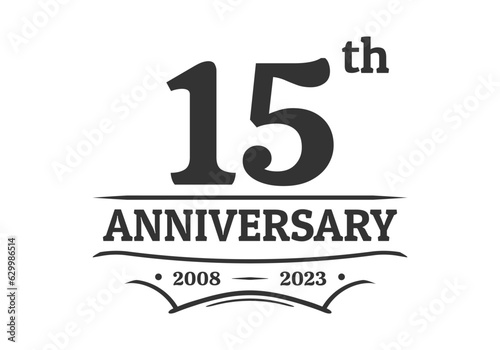 15 years anniversary logo, icon or label. 15th jubilee, birthday celebration vintage design template. Wedding, invitation card element. Vector illustration.
