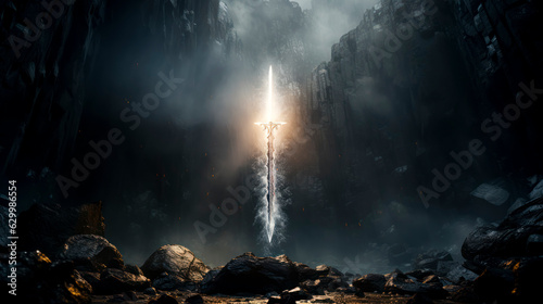 The sword of the Spirit of God hovers over the earth. Christian scene.