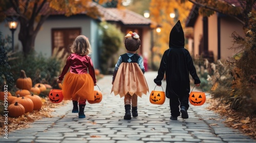 The kids in street are ready to trick or treat for Halloween
