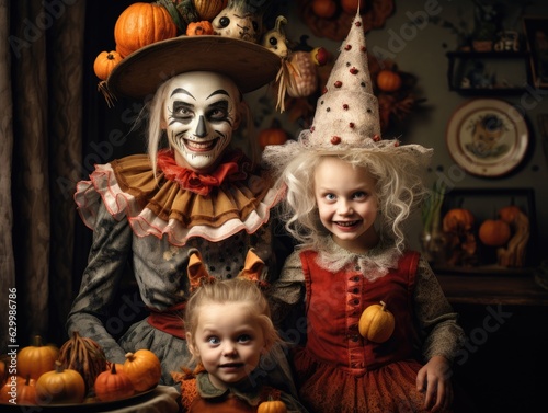 Happy family mother and children in costumes and makeup on a celebration of Halloween