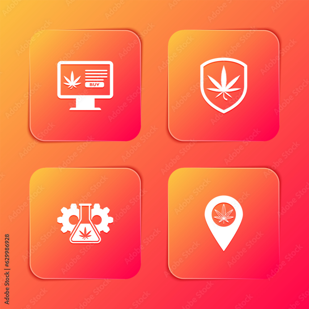 Set Online buying marijuana, Shield and, Test tube with and Location icon. Vector Set Online buying marijuana, Shield and, Test tube with and Location icon. Vector