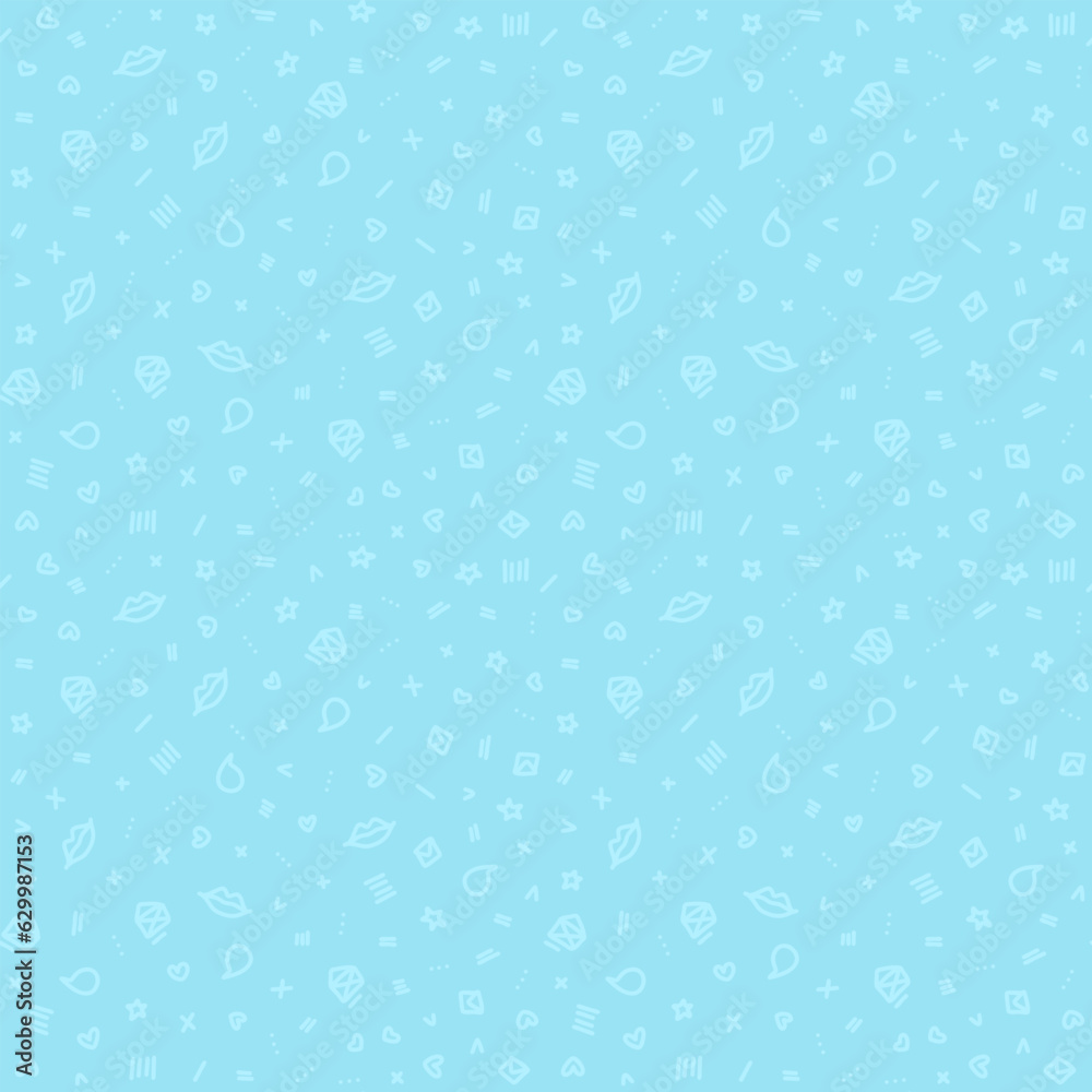 Vector doodle seamless pattern. Tiny elements as hand drawn hearts, lips, kisses, speech bubbles, letters and geometric items light blue color background. Tiny elements repeatable backdrops.