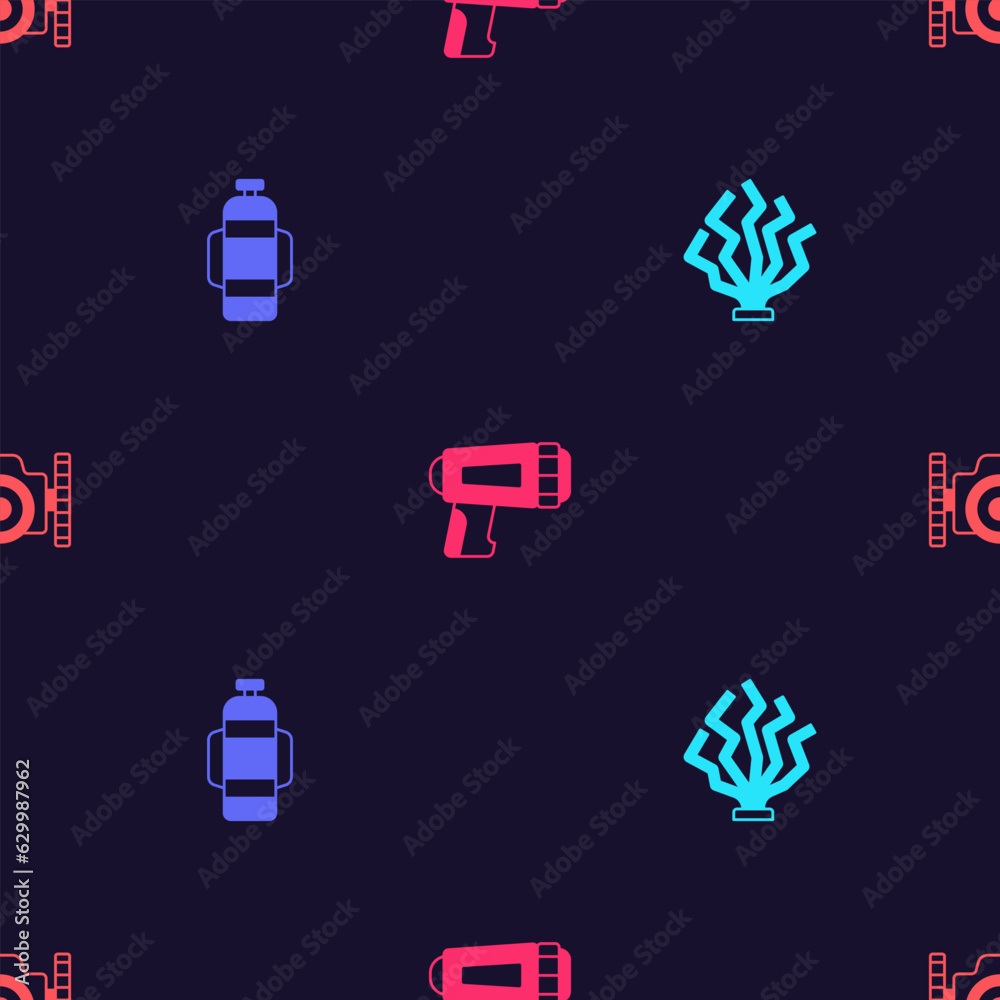 Set Coral, Aqualung, Flashlight for diver and Photo camera on seamless pattern. Vector Set Coral, Aqualung, Flashlight for diver and Photo camera on seamless pattern. Vector