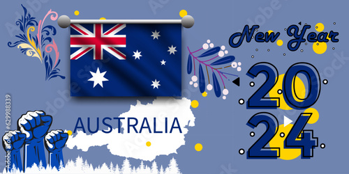 australia flag and map fist raised. National Day or Independence Day created for australia celebration.happy new year 2024.new year 2024.Modern vintage design with abstract background.Vector image. 