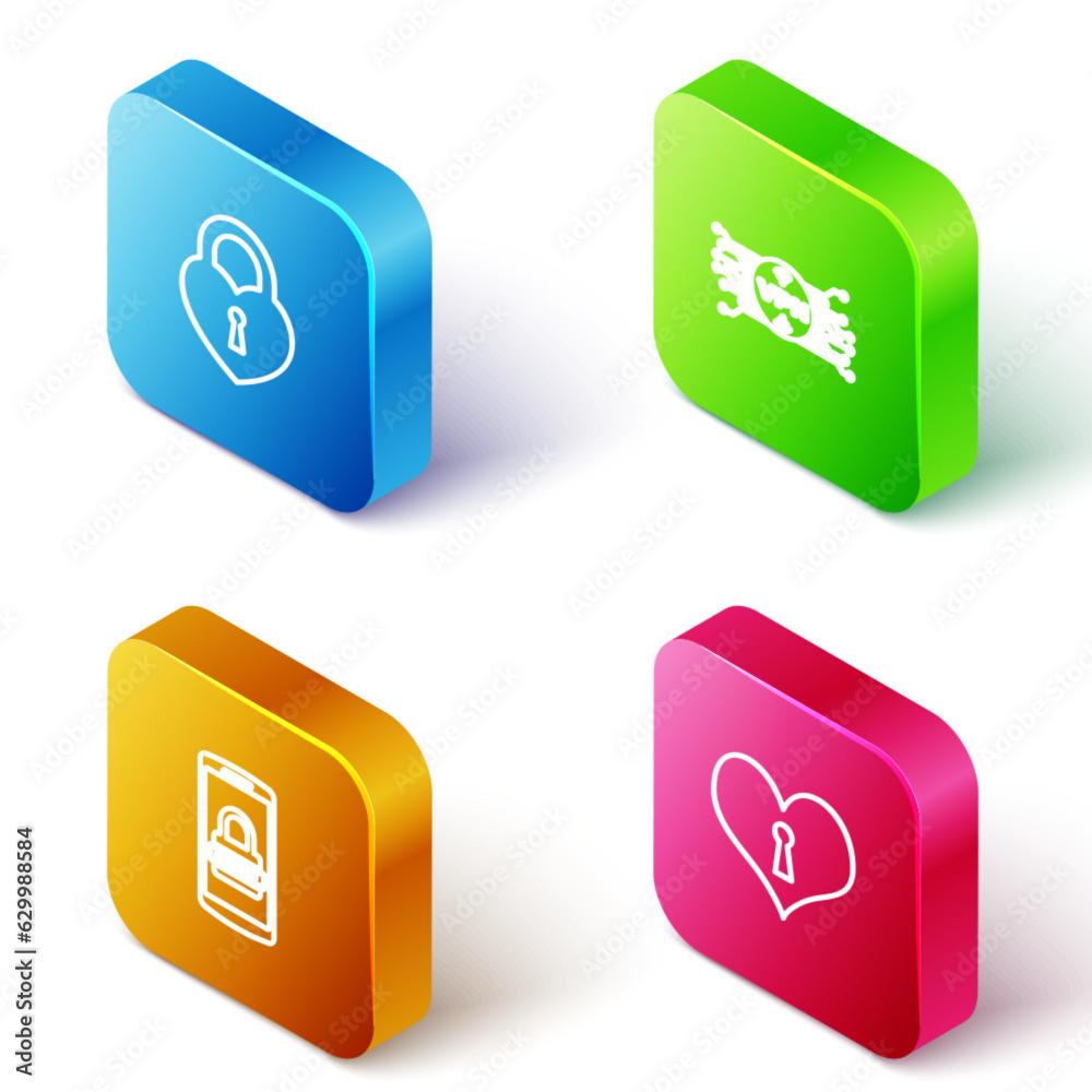 Set Isometric line Castle in the shape of heart, VPN with microchip circuit, Mobile and password and Heart keyhole icon. Vector