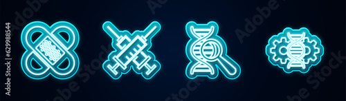 Set line Crossed bandage plaster, syringe, DNA research, search and Gene editing. Glowing neon icon. Vector