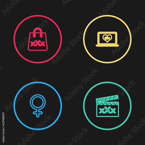 Set line Female gender symbol, Movie clapper with Sex, Laptop 18 plus content and Shopping bag triple X icon. Vector