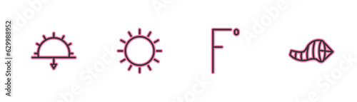 Set line Sunset, Fahrenheit, and Cone meteorology windsock wind vane icon. Vector