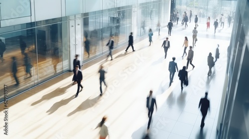 Business people in corridor of office building rush houre in modern office corridor with people walking busy and motion movement,ai generate photo