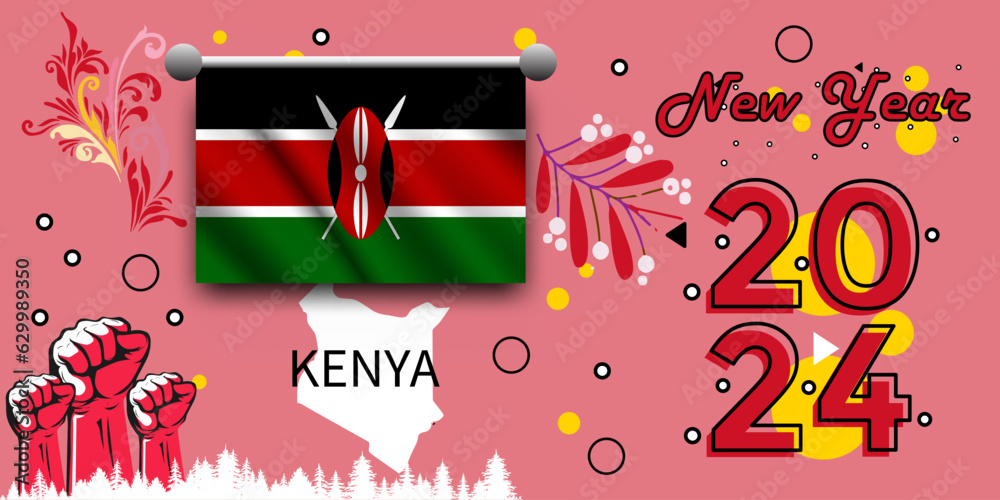 kenya flag and map fist raised. National Day or Independence Day