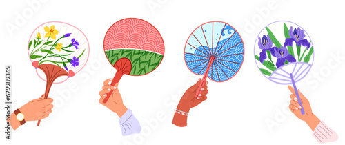 Chenese and Japanese hand fan. Vector illustration. A hand fan, modest tool singing cool melody A Japanese fan, kaleidoscope of culture A beauty geishfan, ode to eternal elegance A Chinese fan