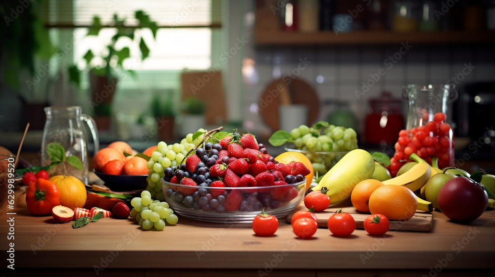 Kitchen table with a lot of fruits on it, Fruits diet concept of Green and Red Healthy Foods - World Vegetarian Day Kitchen table with a lot of fruits on it, Fruits diet concept of Green and Red Healthy Foods - World Vegetarian Day