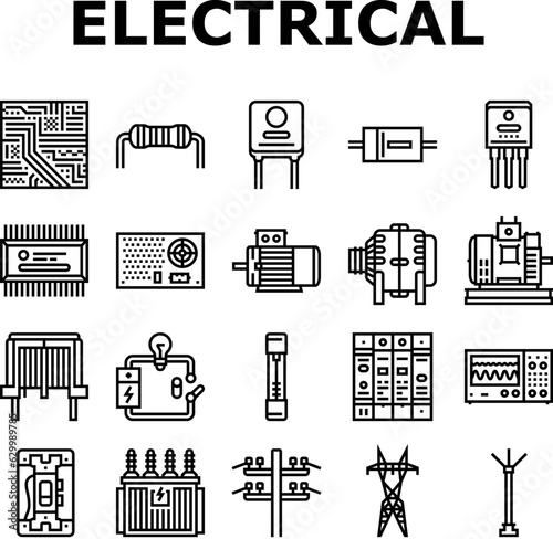 electrical engineer industry work icons set vector. technician technology, equipment engineering, industrial maintenance, service worker electrical engineer industry work black contour illustrations