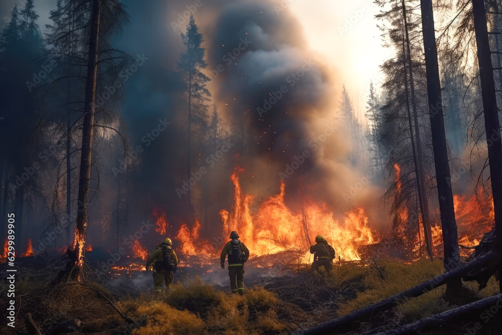 Fototapeta premium Firefighters are fighting the fire using every means at their disposal to prevent further spread. forest fire