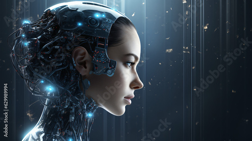 Cyborg woman on dark background creating artificial intelligence. Source of AI.