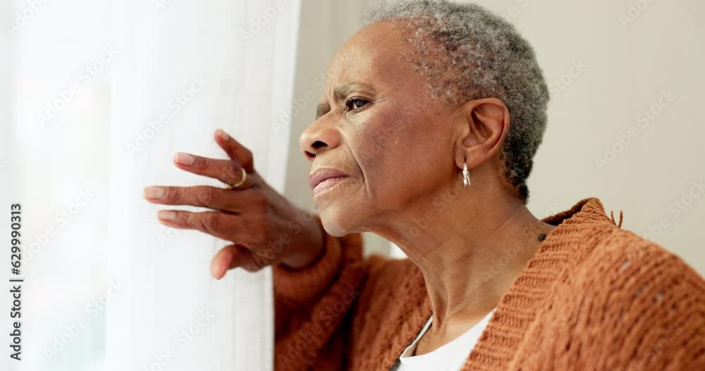 Peeking, senior and a black woman at a home window with anxiety, stress