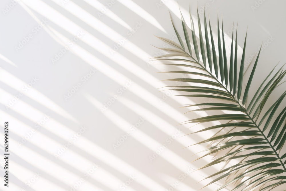 Obraz premium White wall in room background with palm leaves and soft shadow. Empty surface with copy space minimal beach tropic concept