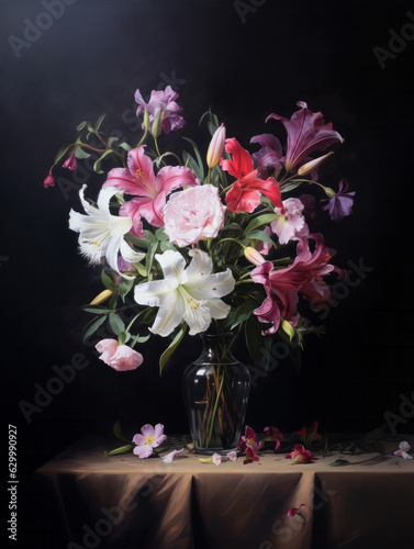 Bouquet of colourful lily flowers in vase standing on table