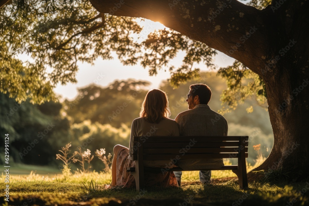 couple sitting on a bench at sunset