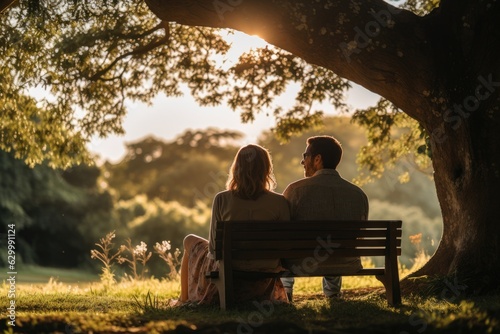 Fotografia, Obraz couple sitting on a bench at sunset