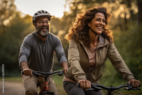 couple riding bikes in park enjoying the moment outdoor.