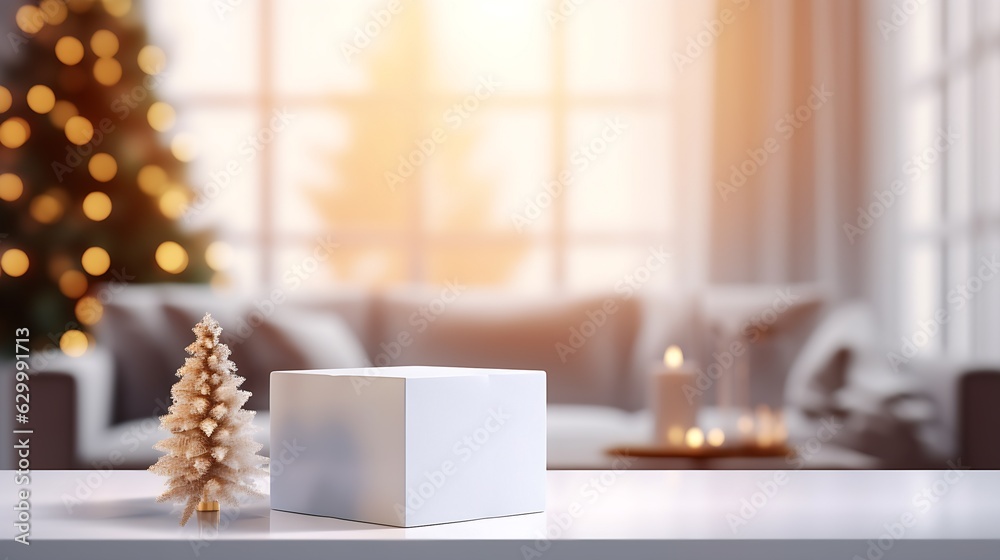 Festive Christmas Mockup Banner Empty White Table Top with Warm Living Room Decor and Snow Holiday Background Festive Christmas Mockup Banner Empty White Table Top with Warm Living Room Decor and Snow Holiday Background