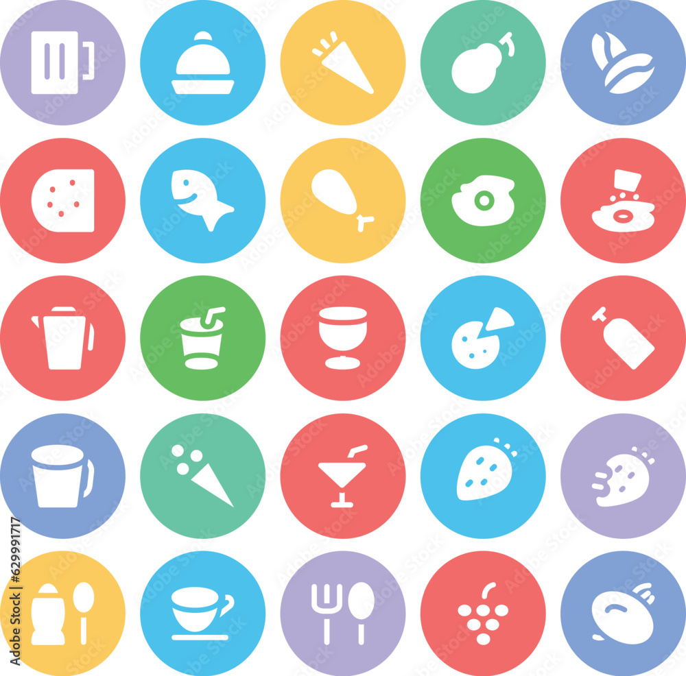 Set of Drinks and Foods Flat Circular Icons 

