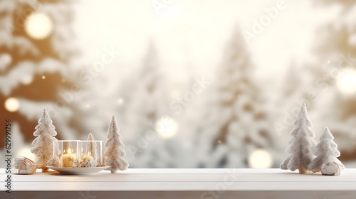 Festive Christmas Mockup Banner Empty White Table Top with Warm Living Room Decor and Snow Holiday Background